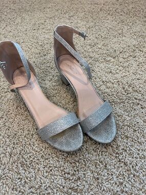 Sparkle Block-Heel Ankle-Strap Sandals in Silver